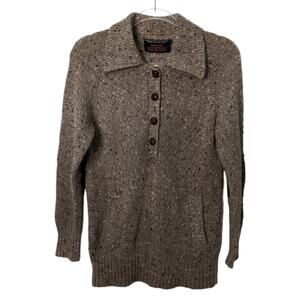 Vintage 80's Speckled Wool Blend Collared Henley Sweater Pockets Elbow Patches
